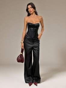 SHEIN Tall Women's Sexy PU Material Fishbone Strapless Top - Black - View 6