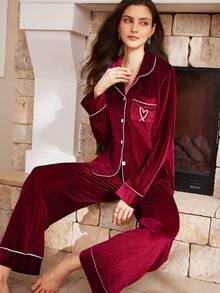 Moireta Contrast Trim Patch Pocket Long Sleeve Top & Pants Fluffy Pajama Set, Velvet Lounge Set, Fall Winter Clothes, Cozy - Burgundy - View 4