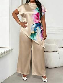SHEIN Lady Conjunto de top y pantalones con estampado floral y dobladillo asimétrico para mujer de talla grande - Caqui - Ver 3