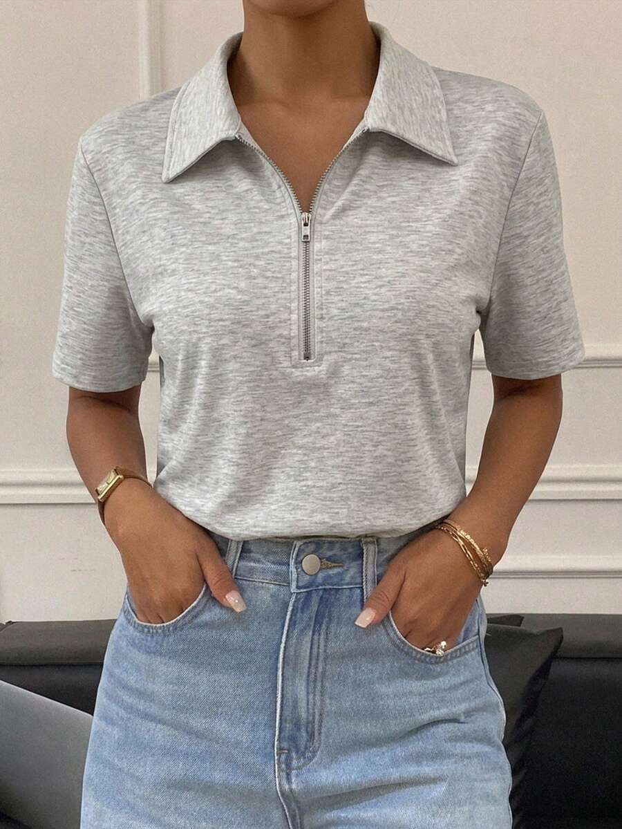 Livesso 女款休閒純色簡約半開襟短袖T恤商務休閒女裝 - 灰色 - 查看 1