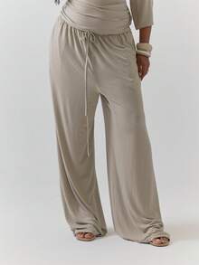 MUSERA Graue Baumwoll-Hose mit Kordelzug in Große Größen für Damen, locker geschnitten, lässig, Korsett-Stil, für Party, Lounge, Zuhause und Winter, Damen-Hose für den Herbst - Kamelfarben - Übersicht 2