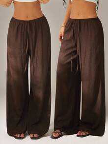 SHEIN PETITE Women's Solid Color Tie Waist Wide Leg Loose Casual Versatile Pants Brown For Women Beach S Summer ,Petite Women - Brown - View 2