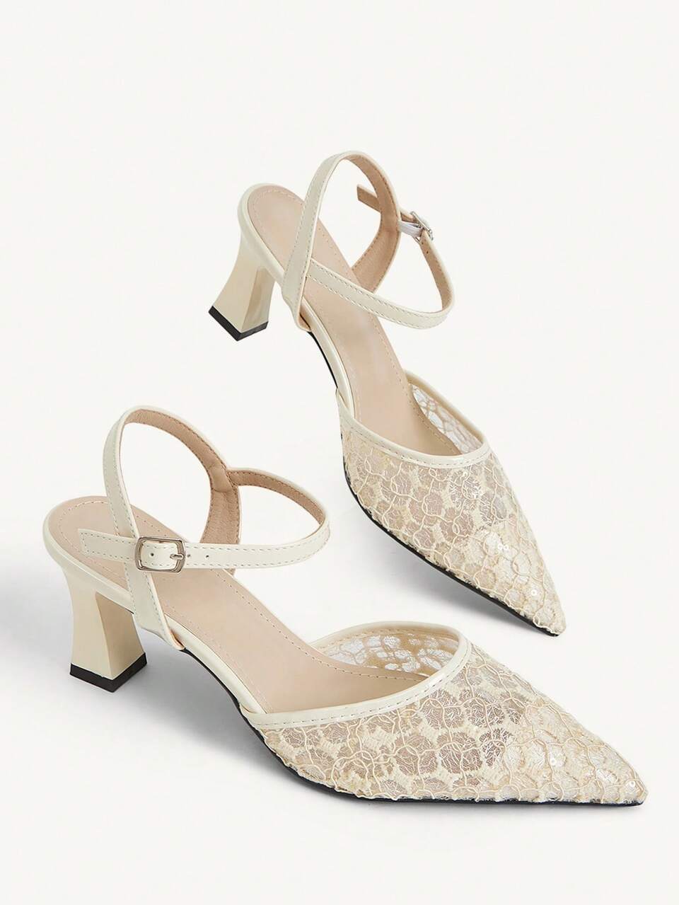 CUCCOO CHICEST Women's Spring And Summer New Apricot Lace Splicing Pointed Toe Stiletto Metal Buckle Outer Wear Fashionable Versatile Breathable High Heels