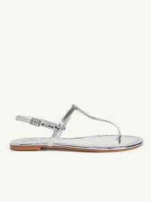 CUCCOO CHICEST Mirror Silver T-Word Clip Foot Back Strap Buckle Flat Sandals, Women's Simple And Versatile Outer Wear Casual Shoes - Silver - View 3