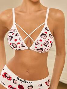 Betty Boop x SHEIN Bra Wanita Motif Kartun dengan Desain Silang dan Penutup Depan - Putih - View 7