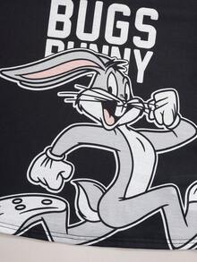 LOONEY TUNES X SHEIN Tween Boy Cartoon Pattern Letter Print V-Neck Contrast Color Short Sleeve T-Shirt - Black - View 4
