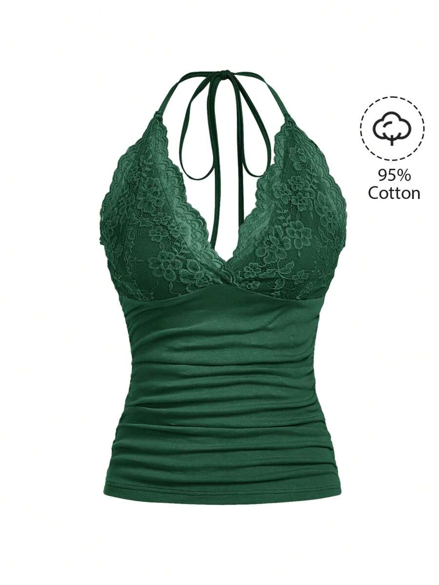 ROMWE PUNK Contrast Lace Halter Top - Green - View 1