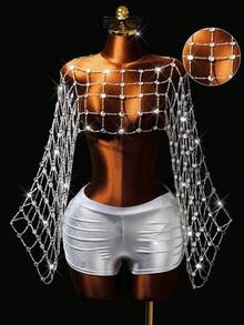 Mistrie Women's Sexy Techno Party Club Rave Top, Women's Rhinestone Party Top Silver Summer - Silver - View 2