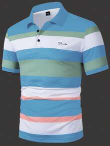 Manfinity Homme 男士字母印花拼色休閒通勤短袖 Polo 衫 - 彩色 - 查看 6