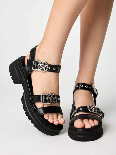 Goth Sandali da donna estivi con punta aperta, stile rock scuro, punk, gotico, romano, da spiaggia, con cinturino a stella, zeppa platform, scarpe primaverili per primavera, vacanze di Pasqua, Ognissanti