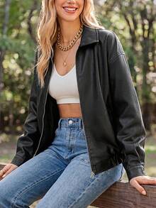 Coeurva Women's Black Jacket Collared Long Sleeve Slim Fit Relaxed Fall Autumn Elegant Refined Downtown Holiday Soft Layered Outdoor Ladies - Black - View 1