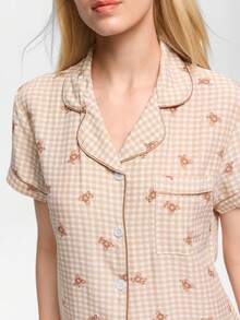 Bonmuse 2pcs Comfortable Plaid Teddy Bear Print Pajama Set, Short Sleeve Collared Top With Pocket And Bow Shorts, Women Sleepwear Homewear For All Seasons - Brown - View 6