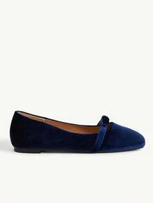 CUCCOO CHICEST Navy Blue Velvet Mary Jane Shoes For Women, French Retro Square Toe Flats, Soft-Soled Ballet Shoes - Blue - View 3