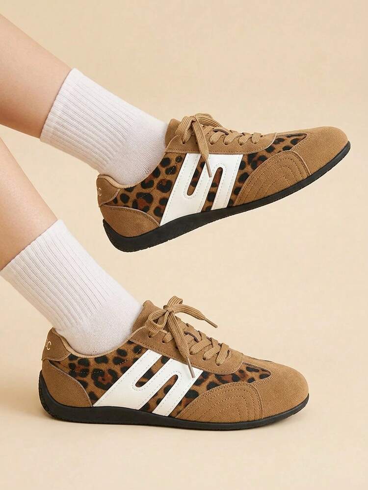 CUCCOO EASI Women's Lace-Up Splicing Leopard Print Round Toe Flat Bottom Casual Sports Shoes Casual Style PU With Imitation Suede Leather Leopard Print Casual Sport Back To School - leopard print - View 4