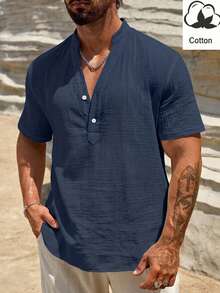 HIMLAND Camisa de hombre de corte holgado con media botonadura de color liso - Azul Marino - View 2