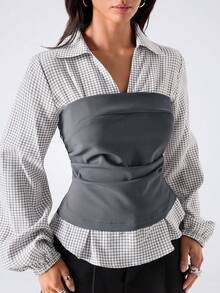 LYSMO Colorblock Patchwork Plaid Cinched Waist Shirt - Multicolor - View 6