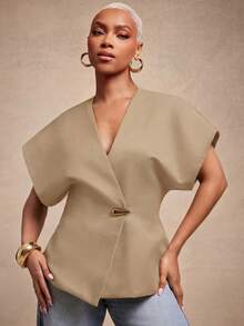 Vixey Solid Textured Woven Asymmetrical Hem Single Button Waistcoat Top, Business Casual, Office, Office Chic, Elevated Essentials, Work To Weekend - Khaki - View 1