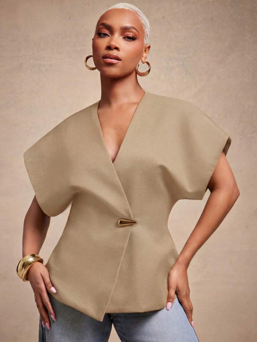 Vixey Solid Textured Woven Asymmetrical Hem Single Button Waistcoat Top, Business Casual, Office, Office Chic, Elevated Essentials, Work To Weekend - Khaki - View 1