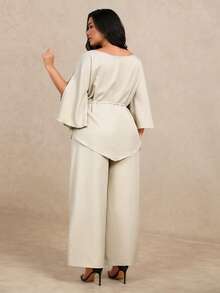 Juhart Plus Size Women's Casual Elegant Daily 2 Pieces Set With Top And Wide Leg Pants Autumn Dinner Cocktail Grey Brunch Party - Apricot - View 3