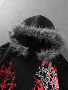 ROMWE MEN Goth 男士重裝水鑽天使印花深色街頭風毛絨連帽衛衣 - 黑色 - 查看 5