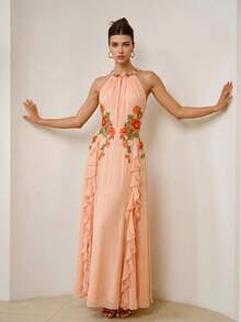 ZEYLAH Vestido elegante de mujer con cuello halter, volantes y bordado - Rosa coral - View 2