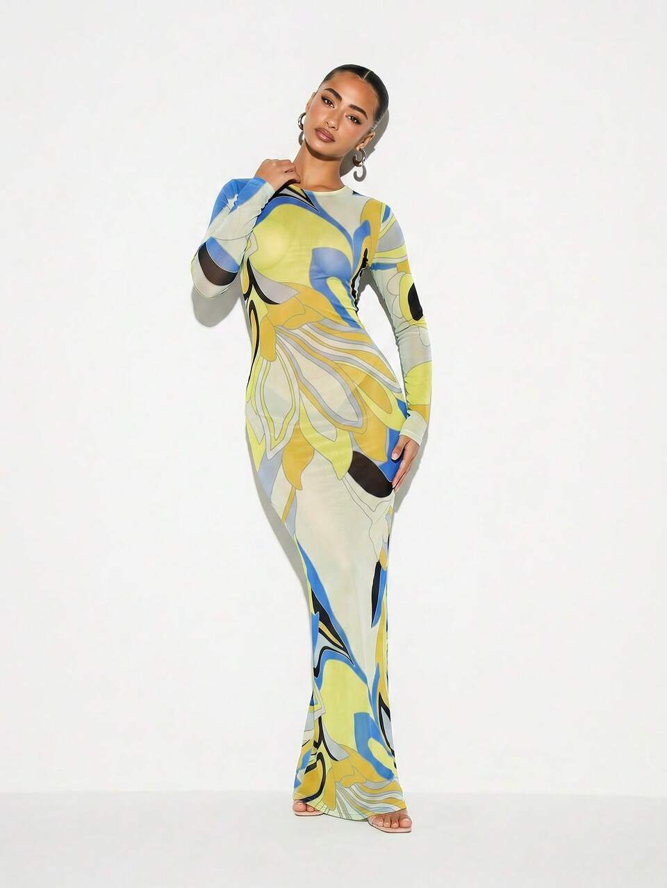 KIZN Printed Mesh Sheer Maxi Dress With Long Sleeves