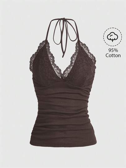 ROMWE PUNK Women Tank Tops & Camis Kontras Lace Ruched Tie Back Plain Casual