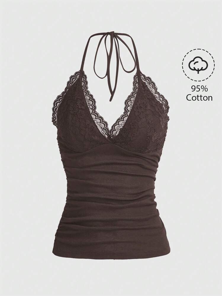 ROMWE PUNK Contrast Lace Halter Top - Chocolate Brown - View 1