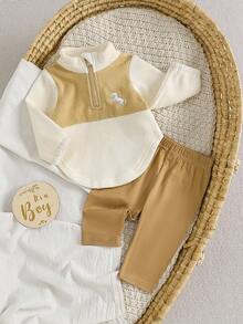 SHEIN Vintaside Kids 2件組新生兒男嬰/女嬰卡其色與杏色拼接小立領長袖拉鍊動物馬刺繡套頭上衣 + 鬆緊腰長褲，休閒復古極簡韓風保暖加厚抓絨內裡套裝，適合秋冬日常穿著、戶外與室內場合 - 米色 - 查看 3
