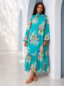 ELLERISSA Vestido midi de talla grande con cuello alto, mangas raglán, cintura caída y estampado floral turquesa - Multicolor - Ver 5
