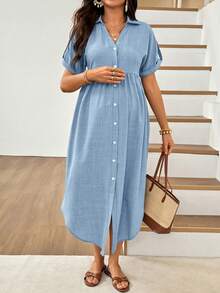 SHEIN Maternity Solid Color Pleated Casual Everyday Summer Dress - Blue - View 7