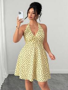 SHEIN Clasi Plus Size Women's Elegant Shirred Halter Neck Multi-Color Color-Block Waist-Cinched Slimming Dress, Back Fitted Ruched Design, Suitable For Daily Commute, Party, Birthday, Gathering - Multicolor - View 3