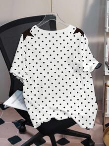 LOONEY TUNES X SHEIN Plus Size Women's Letter Cartoon Print Polka Dot Casual Everyday T-Shirt - White - View 2