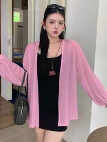 Dazy Plus 素色寬鬆長袖白色開襟罩衫大尺碼女款春夏秋輕便外套 - 淺粉色 - 查看 3