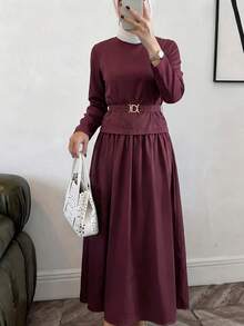 Solavon Women's Solid Color Pleated Casual Modest Elegant Party Everyday Bday Autumn Long Dress Dark Red - Burgundy - View 5
