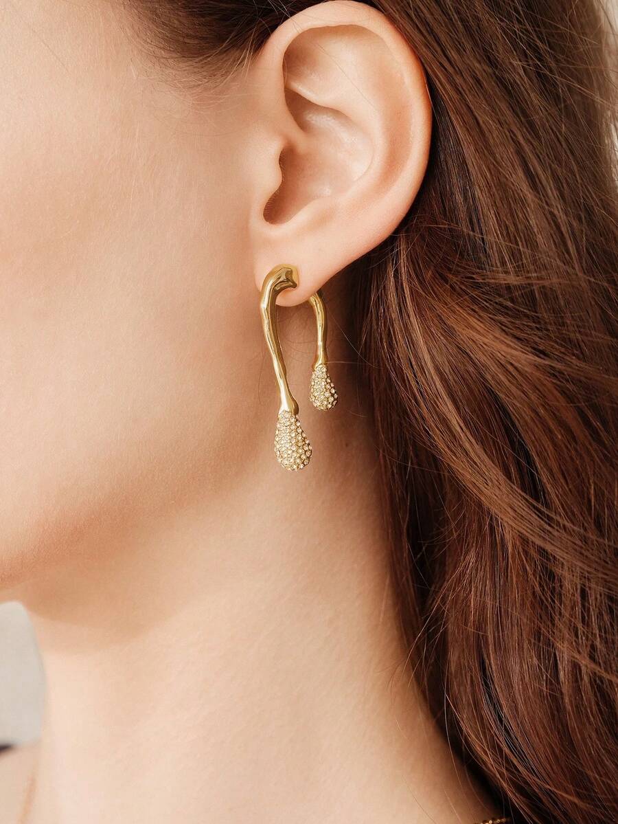MOTF PREMIUM PRE GOLD PLATED FULL DIAMOND STUD EARRINGS ASYMMETRICAL DESIGN SENSE EARRINGS - Gold - View 1