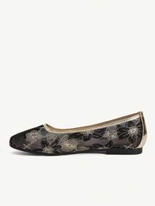 CUCCOO CHICEST Women Shoes Black Gold Embroidered Mesh Square Toe Flat-Soled Shoes, Temperament Commuter Banquet Soft-Soled Shoes - black gold - View 4