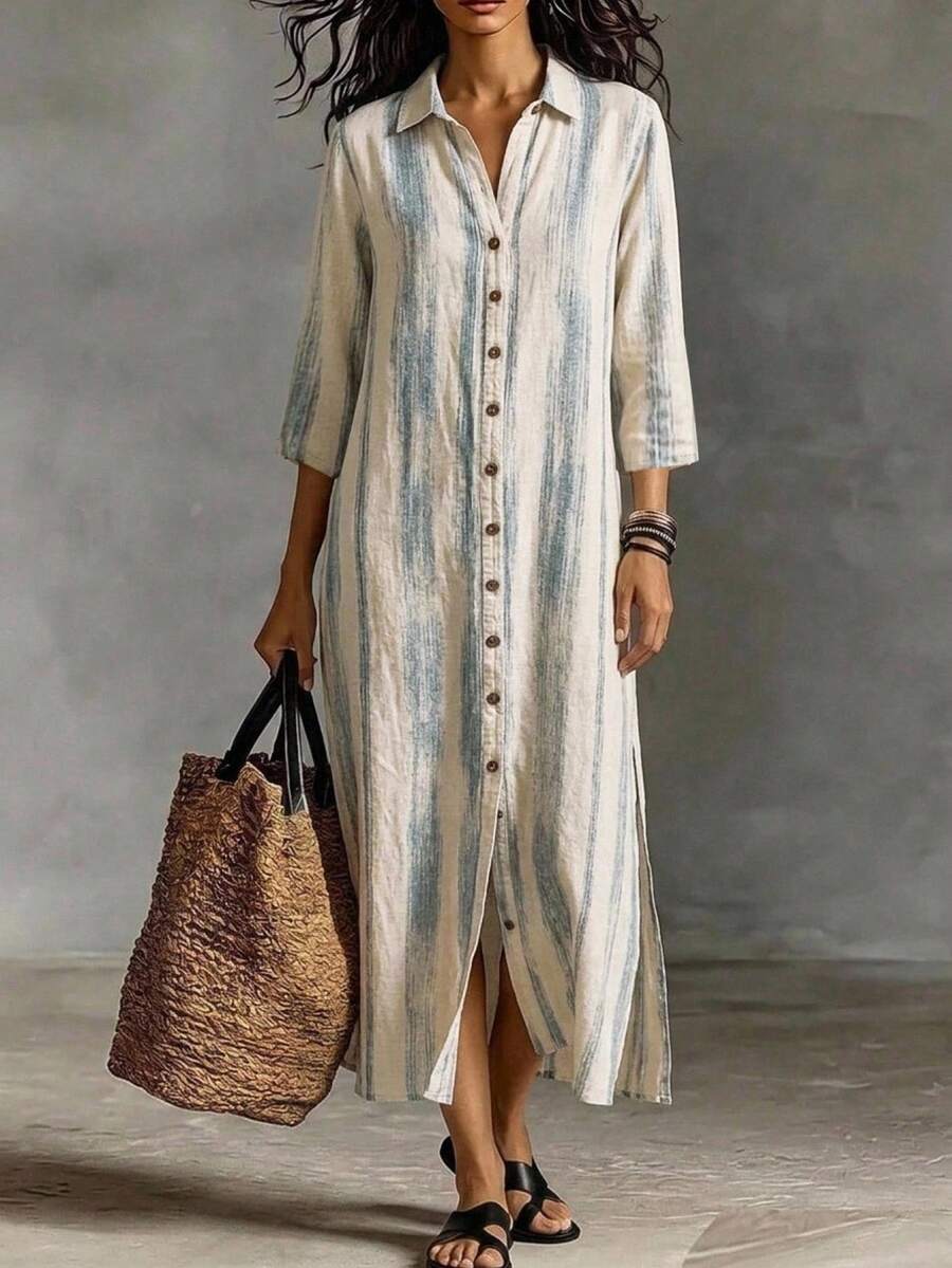 Faunlyn Robe d'été décontractée fendue à simple boutonnage blocs de couleurs pour femmes