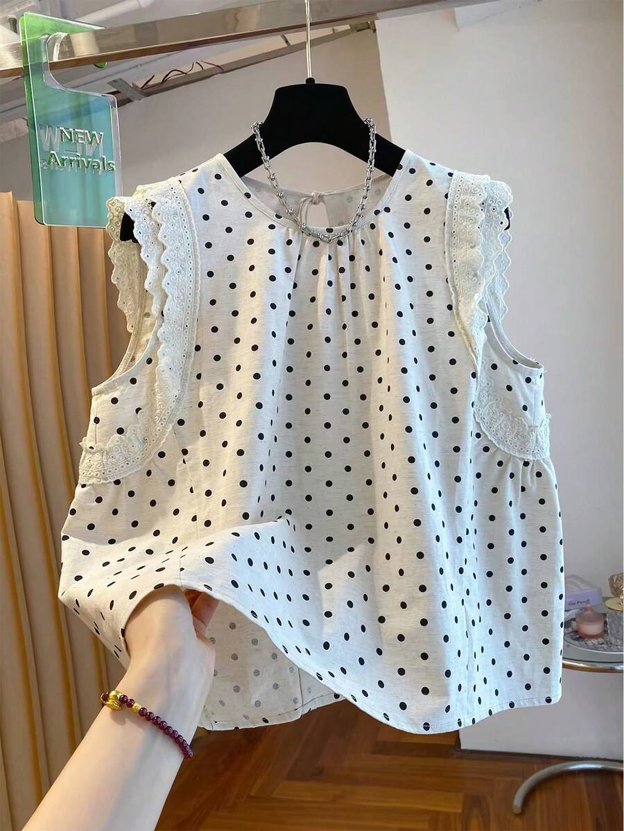 Resyla Women's Summer Casual Polka Dot Print Lace Patchwork Tank Top - Multicolor - View 1