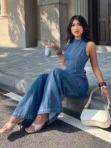 SHEIN PETITE 女款時尚無袖牛仔連身褲，露背與打結設計 - 藍色 - 查看 5