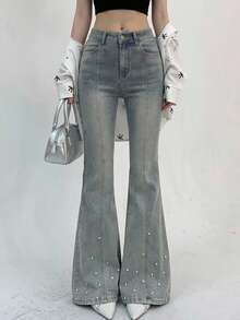 DAZY Women's Rhinestone Embellished Korean Style Flared Petite Jeans Petite - Blue - View 1