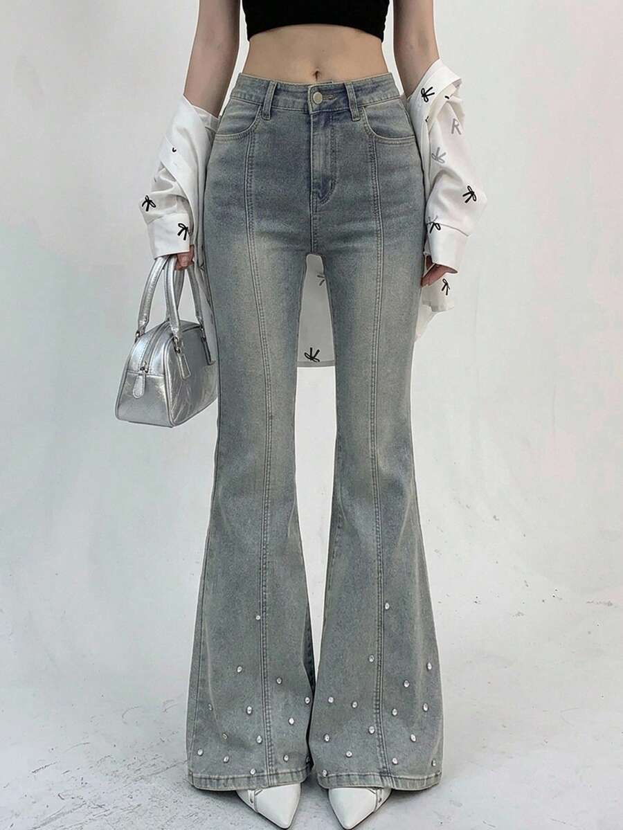 DAZY Women's Rhinestone Embellished Korean Style Flared Petite Jeans Petite - Blue - View 1