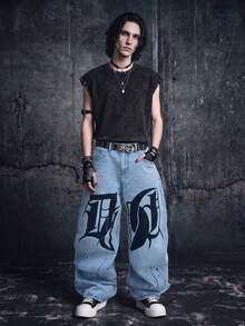 Vyqestra Men's Letter Print Slant Pocket Loose Fit Casual Wide Leg Jeans - Light Wash - View 4
