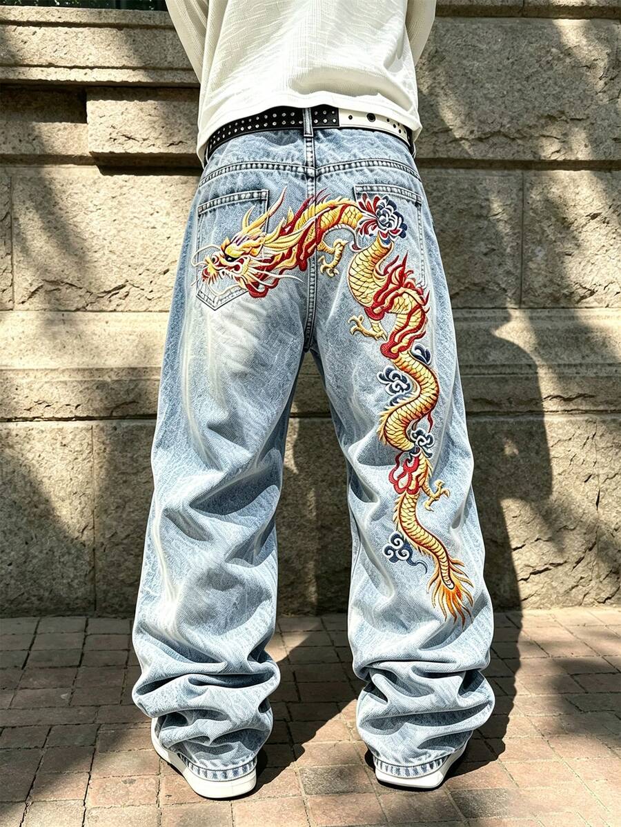 Manfinity EMRG Men's Dragon Print Straight Leg Jeans - Blue - View 1