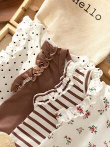 SHEIN Vintaside Kids 3件組女嬰夏季新款簡約百搭甜美可愛舒適親膚彈性嬰兒休閒外出上衣，粉色、杏色素色與條紋荷葉袖背心上衣，適合外出、度假、旅行及日常穿著 - 棕色 - 查看 5