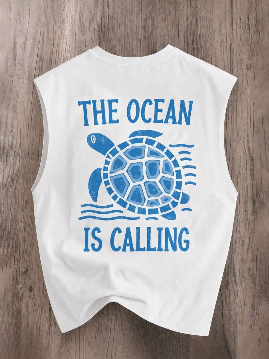 Manfinity Joysei White Turtle Print Tank Top For Men, Suitable For Summer, Holiday - White - View 1