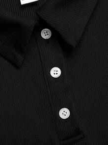 SHEIN 兒童青少年女孩夏季休閒可愛街頭優雅復古學院風羅紋針織黑色 Polo 領短袖套頭喇叭裙洋裝 - 黑色 - 查看 9