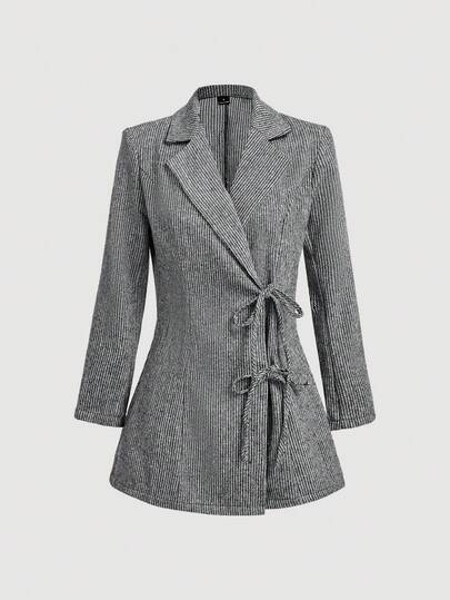 SHEIN MOD Women's Herringbone Pattern Waist-Cinching Fashion Versatile Commute & Travel Blazer