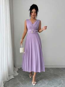 Elenzga Women's Elegant Romantic V-Neck Sleeveless Pleated Dress - Mauve Purple - View 7