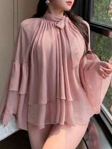 Dazy Plus Solid Color Chiffon Loose Ruffle Bell Sleeve Bow Tie Elegant Vacation Summer Blouse Pink Shirt - Pink - View 4